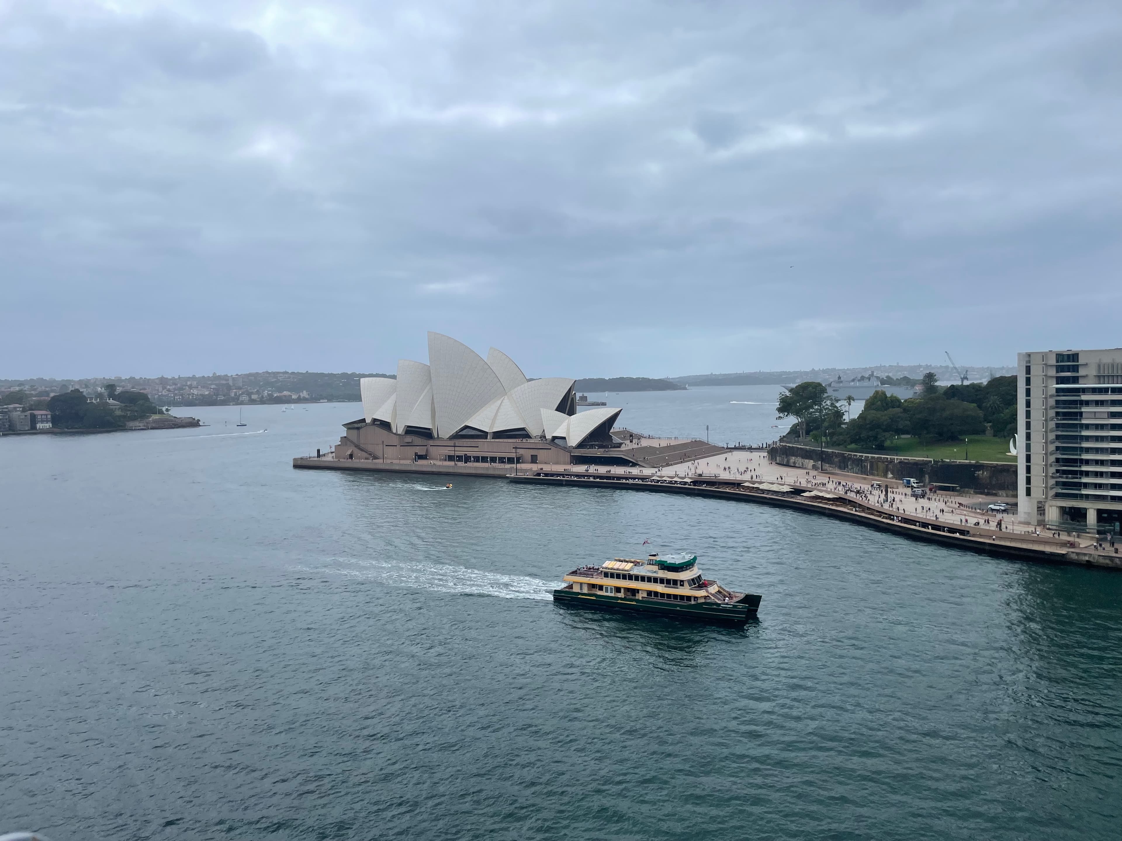 Sydney Opera House and harbour ferry from above