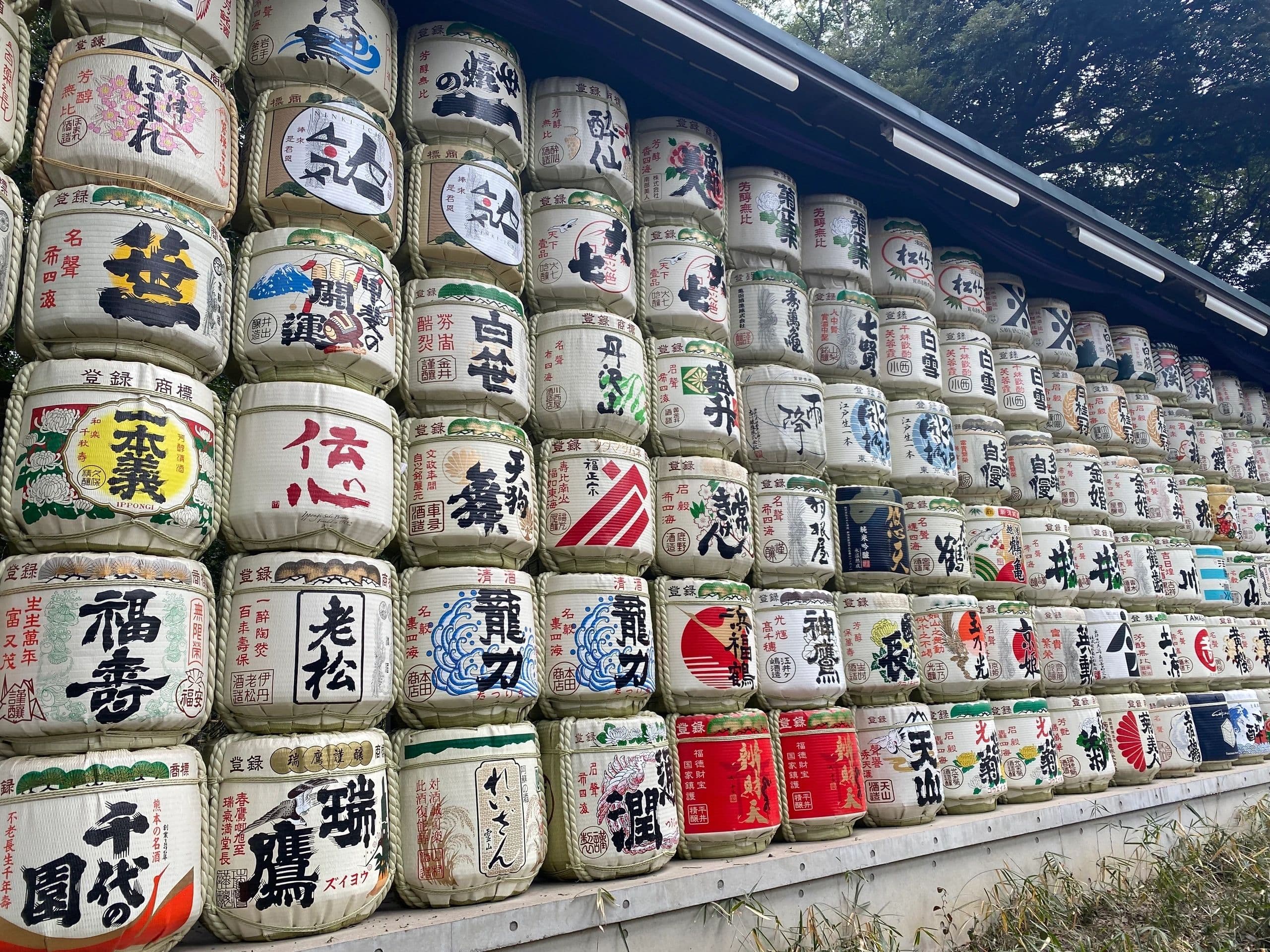 Wall of sake barrels at a Shinto shrine in Japan