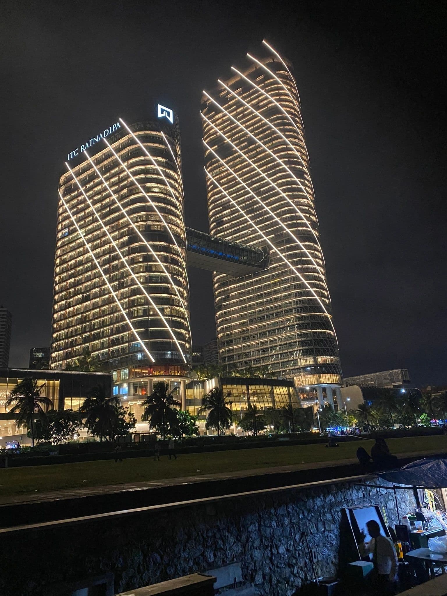 ITC Ratnadipa towers lit up at night in Colombo
